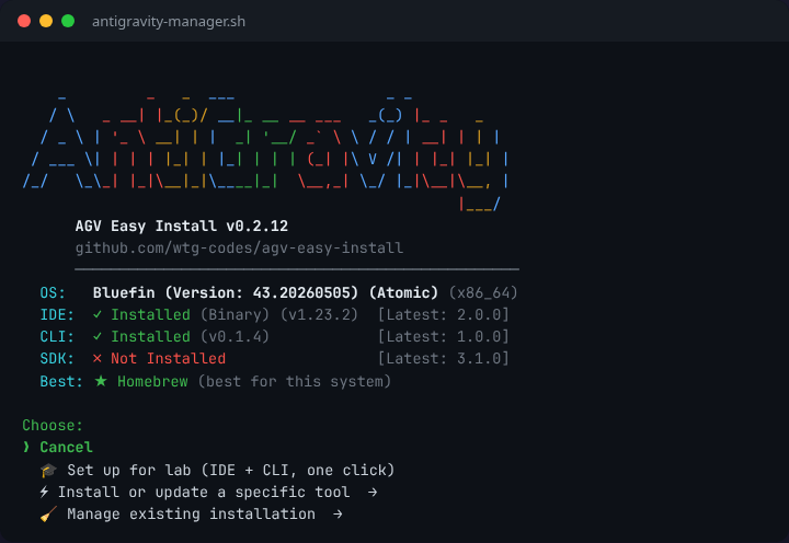 AGV Easy Install main menu